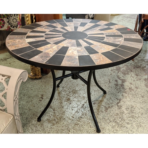 367 - CIRCULAR TABLE, 105cm W x 76cm H, with an inlaid geometric design top, on a metal base.