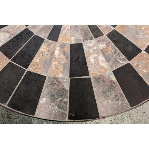 367 - CIRCULAR TABLE, 105cm W x 76cm H, with an inlaid geometric design top, on a metal base.