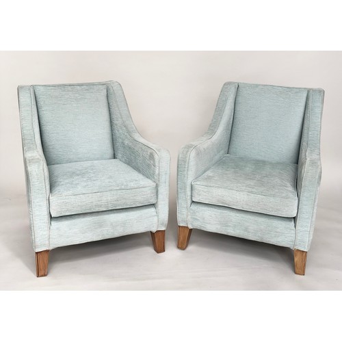 176 - ARMCHAIRS, a pair, soft blue chenille velvet with tapering oak supports, 74cm W. (2)