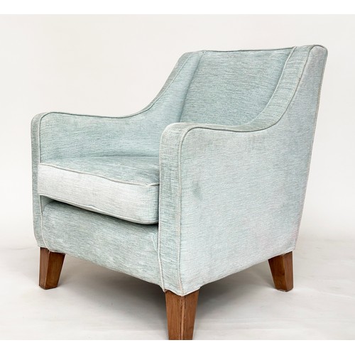 176 - ARMCHAIRS, a pair, soft blue chenille velvet with tapering oak supports, 74cm W. (2)