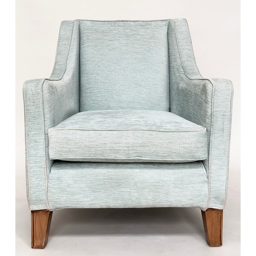 176 - ARMCHAIRS, a pair, soft blue chenille velvet with tapering oak supports, 74cm W. (2)