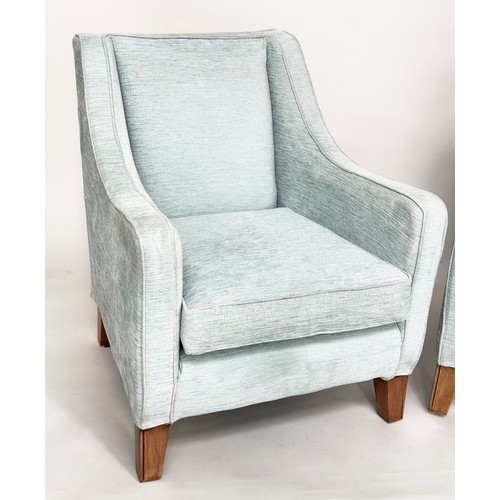 176 - ARMCHAIRS, a pair, soft blue chenille velvet with tapering oak supports, 74cm W. (2)