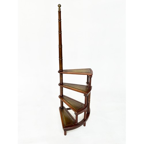 178 - LIBRARY STEPS, a tall set, George III style mahogany with four gilt tooled leather spiral steps and ... 