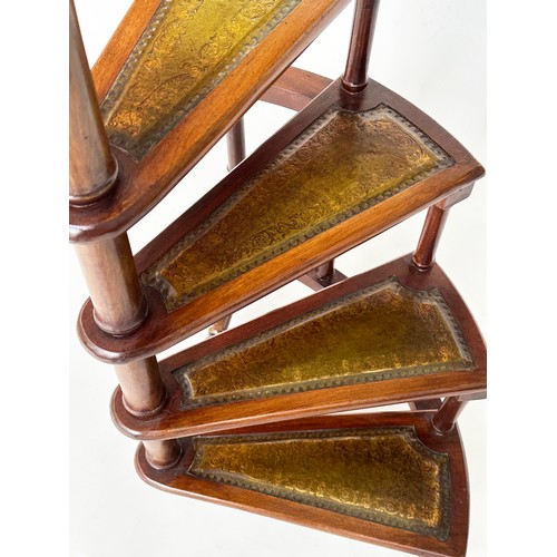 178 - LIBRARY STEPS, a tall set, George III style mahogany with four gilt tooled leather spiral steps and ... 