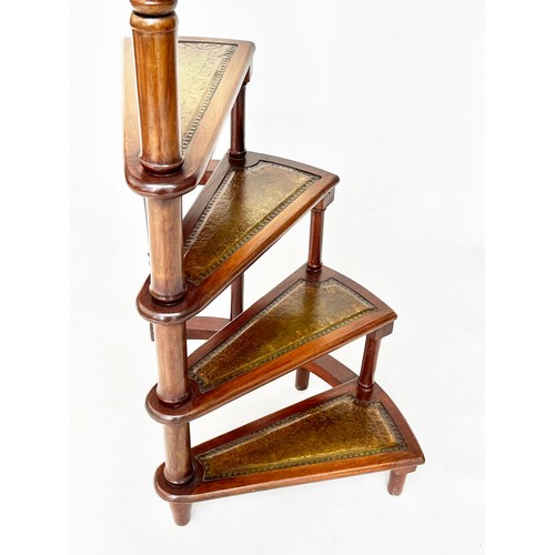 178 - LIBRARY STEPS, a tall set, George III style mahogany with four gilt tooled leather spiral steps and ... 