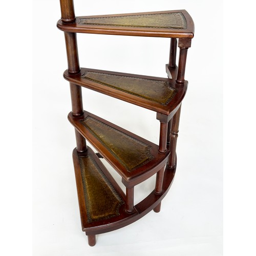 178 - LIBRARY STEPS, a tall set, George III style mahogany with four gilt tooled leather spiral steps and ... 