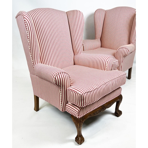 210 - WING ARMCHAIRS, 98cm H x 74cm W, a pair, Georgian style in red ticking. (2)