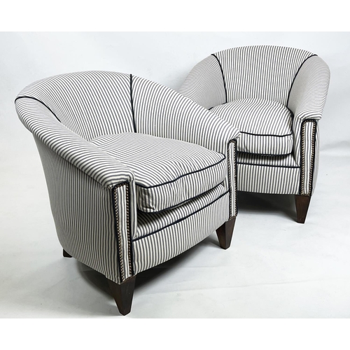 212 - TUB CHAIRS, 73cm H x 71cm W, a pair, newly upholstered in close nailed and piped ticking upholstery.... 