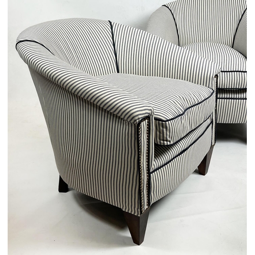 212 - TUB CHAIRS, 73cm H x 71cm W, a pair, newly upholstered in close nailed and piped ticking upholstery.... 