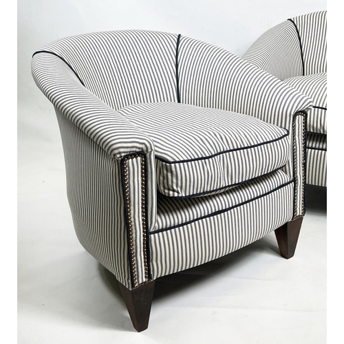 212 - TUB CHAIRS, 73cm H x 71cm W, a pair, newly upholstered in close nailed and piped ticking upholstery.... 