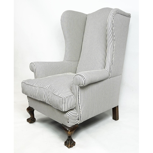 214 - WING ARMCHAIR, 107cm H x 79cm, Georgian style in new ticking upholstery.