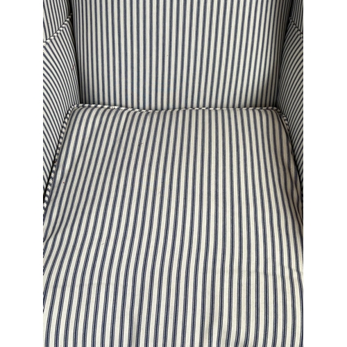 214 - WING ARMCHAIR, 107cm H x 79cm, Georgian style in new ticking upholstery.