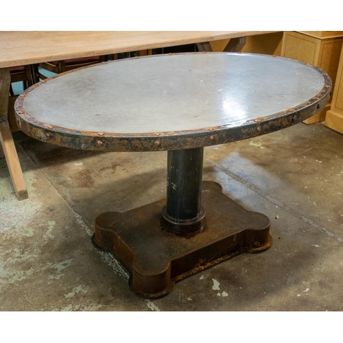 215 - INDUSTRIAL TABLE, 77cm H x 130cm x 88cm, mid 20th century metal with oval top on pedestal base.