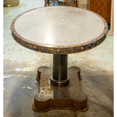 215 - INDUSTRIAL TABLE, 77cm H x 130cm x 88cm, mid 20th century metal with oval top on pedestal base.