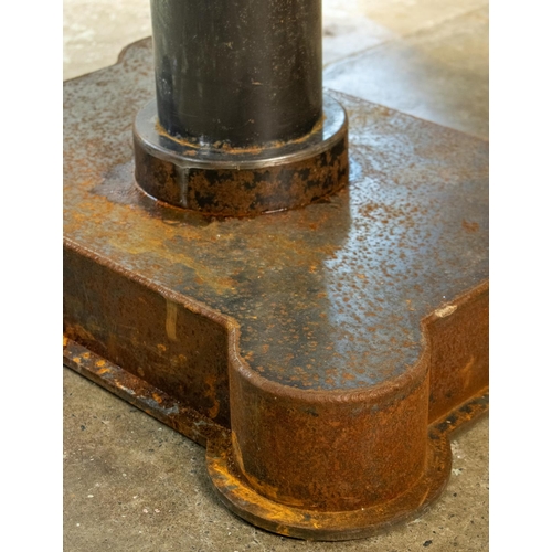 215 - INDUSTRIAL TABLE, 77cm H x 130cm x 88cm, mid 20th century metal with oval top on pedestal base.