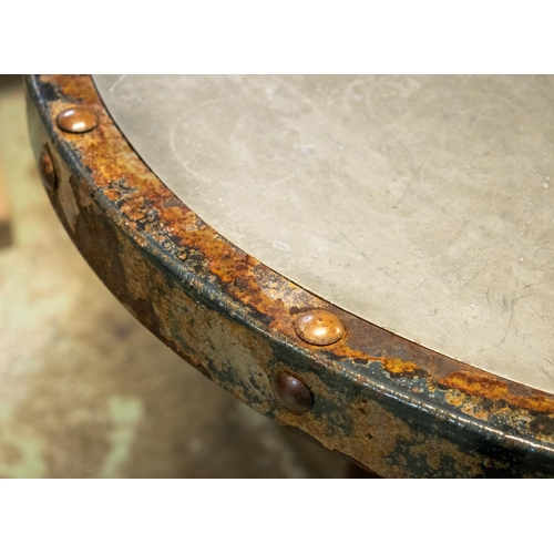 215 - INDUSTRIAL TABLE, 77cm H x 130cm x 88cm, mid 20th century metal with oval top on pedestal base.