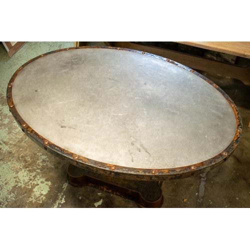 215 - INDUSTRIAL TABLE, 77cm H x 130cm x 88cm, mid 20th century metal with oval top on pedestal base.