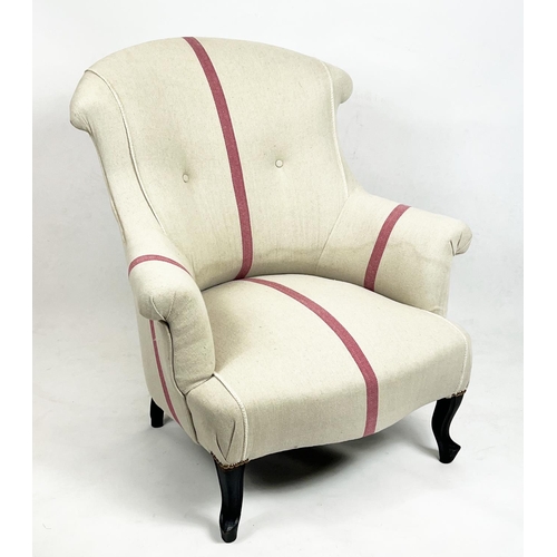 216 - BERGERE, 85cm H x 79cm, Napoleon III in taupe and red striped upholstery.