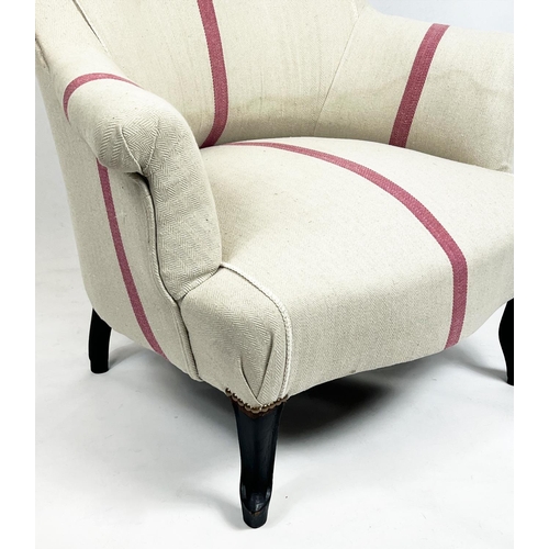 216 - BERGERE, 85cm H x 79cm, Napoleon III in taupe and red striped upholstery.