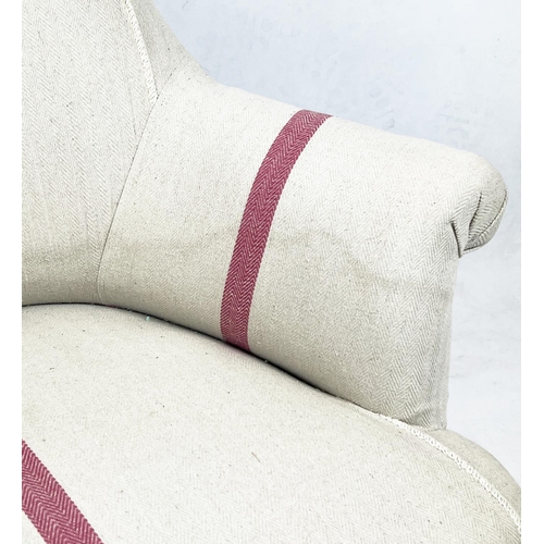 216 - BERGERE, 85cm H x 79cm, Napoleon III in taupe and red striped upholstery.