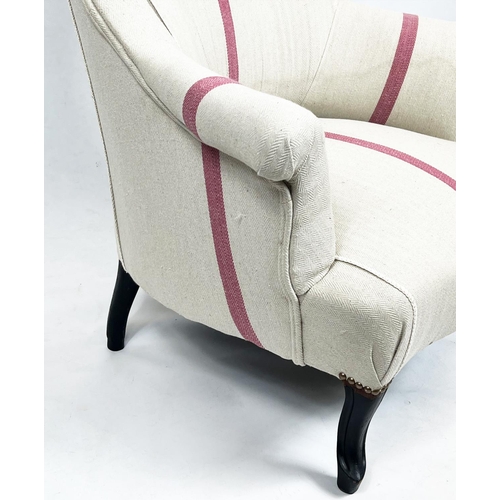 216 - BERGERE, 85cm H x 79cm, Napoleon III in taupe and red striped upholstery.