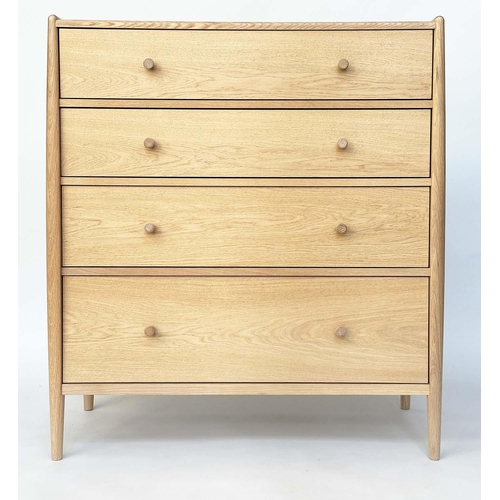 294 - ERCOL CHEST, contemporary oak with four long drawers and shaped pillar supports stamped 'ERCOL', 92c... 