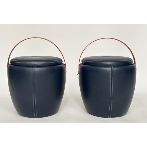 296 - BERKLEY STOOLS, a pair, stitched blue leather 'ice bucket' form (provenance Berkley Hotel, Mayfair),... 