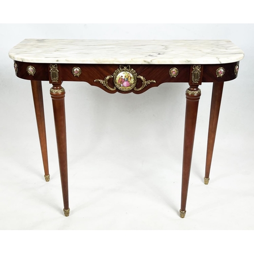 482 - CONSOLE TABLE, 80cm H x 100cm W x 39cm D, Louis XVI style with marble top above plaques and brass mo... 