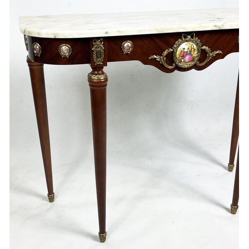 482 - CONSOLE TABLE, 80cm H x 100cm W x 39cm D, Louis XVI style with marble top above plaques and brass mo... 