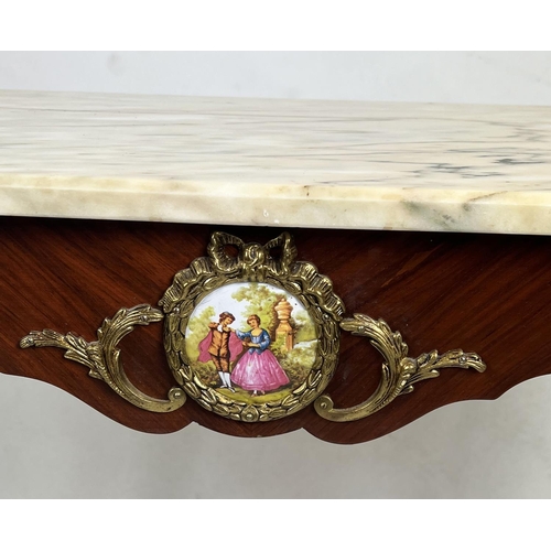 482 - CONSOLE TABLE, 80cm H x 100cm W x 39cm D, Louis XVI style with marble top above plaques and brass mo... 