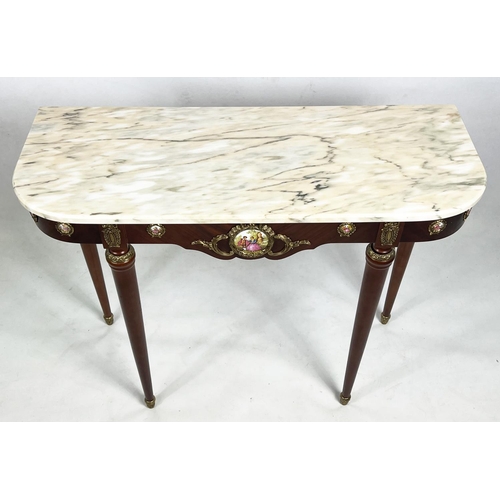 482 - CONSOLE TABLE, 80cm H x 100cm W x 39cm D, Louis XVI style with marble top above plaques and brass mo... 