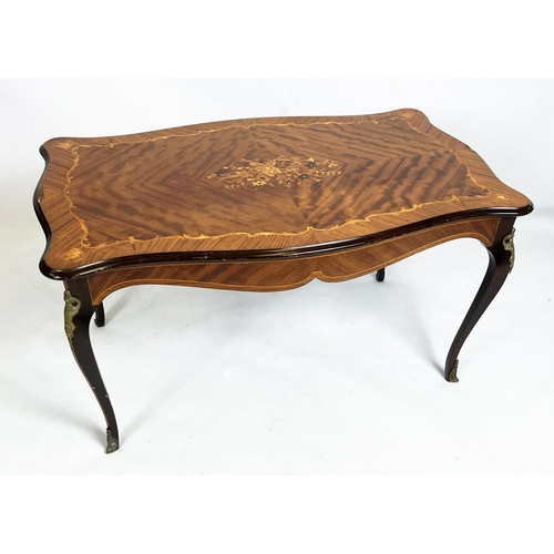 487 - LOW TABLE, 54cm H x 101cm x 61cm, Italianate marquetry and brass mounted with serpentine sided top.