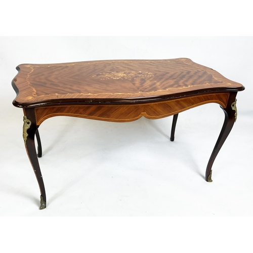 487 - LOW TABLE, 54cm H x 101cm x 61cm, Italianate marquetry and brass mounted with serpentine sided top.