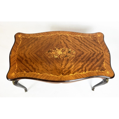 487 - LOW TABLE, 54cm H x 101cm x 61cm, Italianate marquetry and brass mounted with serpentine sided top.