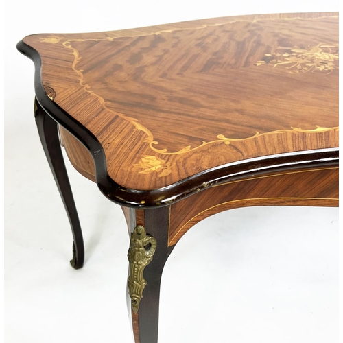 487 - LOW TABLE, 54cm H x 101cm x 61cm, Italianate marquetry and brass mounted with serpentine sided top.