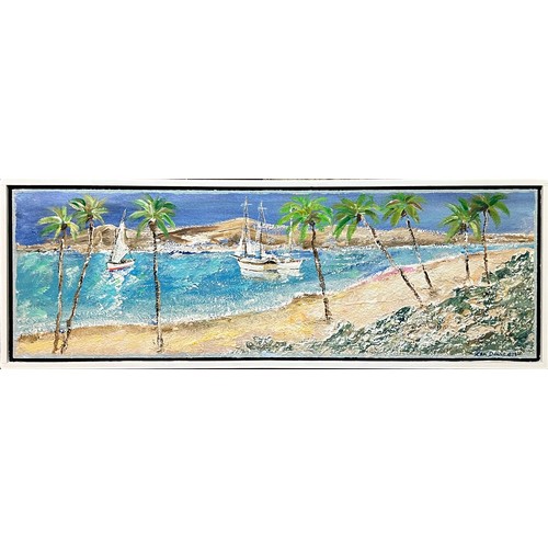 62 - KEN DAVIS, 'Hammock Cove, Antigua', oil on board, 30cm x 92cm, framed.