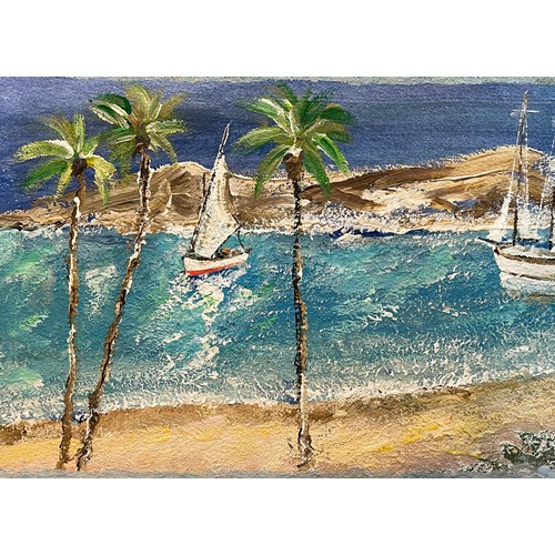 62 - KEN DAVIS, 'Hammock Cove, Antigua', oil on board, 30cm x 92cm, framed.