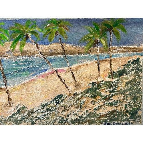 62 - KEN DAVIS, 'Hammock Cove, Antigua', oil on board, 30cm x 92cm, framed.