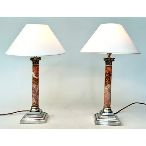 145 - MARBLE TABLE LAMPS, a pair, neo classical form rouge marble and silvered with Corinthian capping and... 