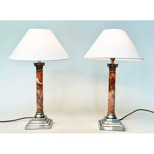 145 - MARBLE TABLE LAMPS, a pair, neo classical form rouge marble and silvered with Corinthian capping and... 