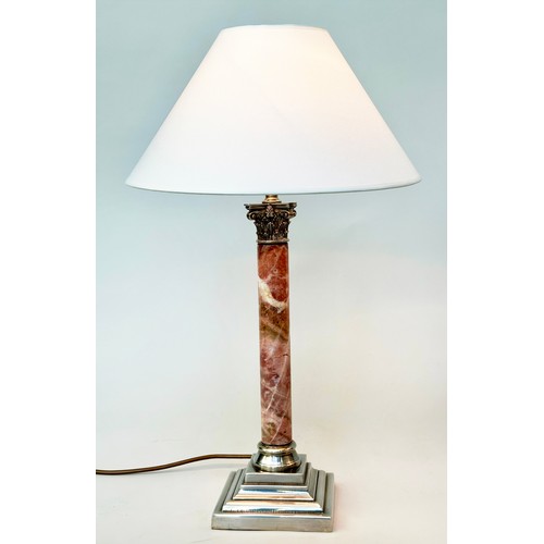 145 - MARBLE TABLE LAMPS, a pair, neo classical form rouge marble and silvered with Corinthian capping and... 