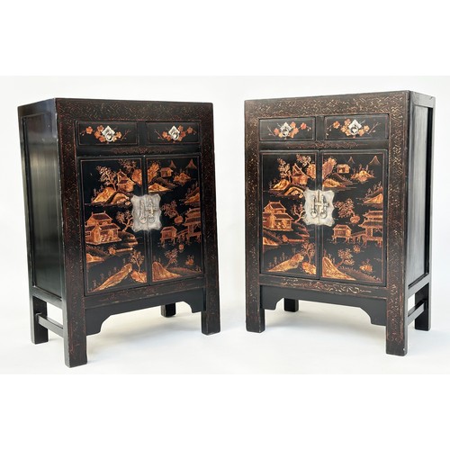 160 - CHINESE SIDE CABINETS, a pair, Chinese lacquered and gilt Chinoiserie decorated each with two drawer... 