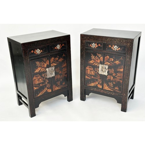 160 - CHINESE SIDE CABINETS, a pair, Chinese lacquered and gilt Chinoiserie decorated each with two drawer... 