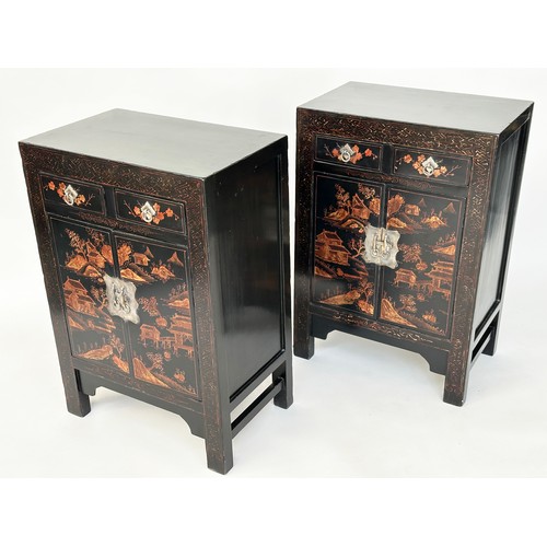 160 - CHINESE SIDE CABINETS, a pair, Chinese lacquered and gilt Chinoiserie decorated each with two drawer... 