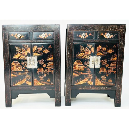 160 - CHINESE SIDE CABINETS, a pair, Chinese lacquered and gilt Chinoiserie decorated each with two drawer... 