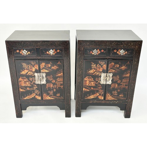 160 - CHINESE SIDE CABINETS, a pair, Chinese lacquered and gilt Chinoiserie decorated each with two drawer... 