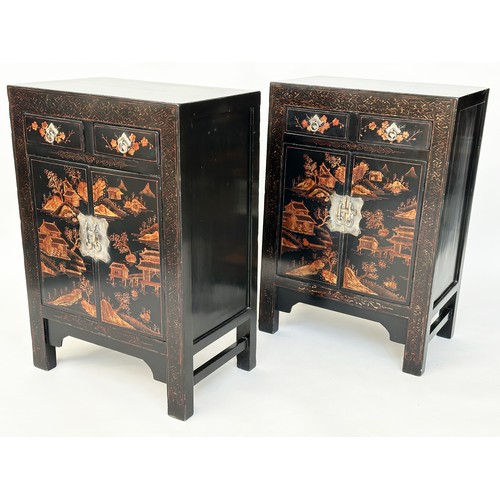 160 - CHINESE SIDE CABINETS, a pair, Chinese lacquered and gilt Chinoiserie decorated each with two drawer... 