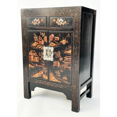 160 - CHINESE SIDE CABINETS, a pair, Chinese lacquered and gilt Chinoiserie decorated each with two drawer... 