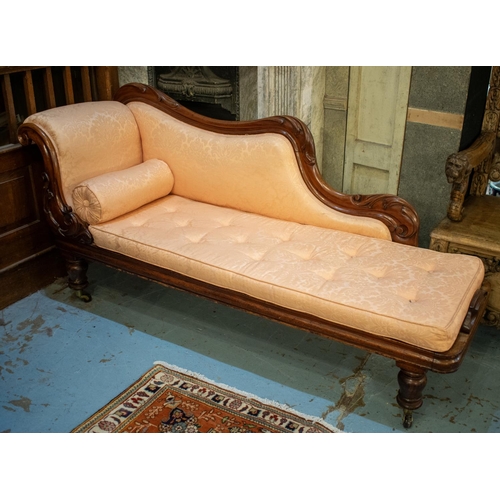 208 - CHAISE LONGUE, 88cm H x 187cm L x 56cm D, Victorian mahogany in pink damask on ceramic castors.