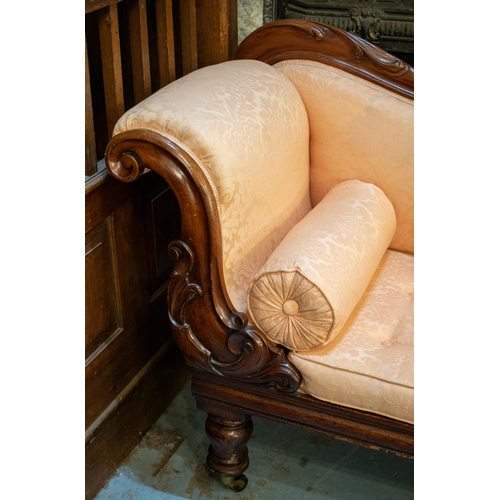 208 - CHAISE LONGUE, 88cm H x 187cm L x 56cm D, Victorian mahogany in pink damask on ceramic castors.